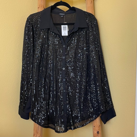 Torrid Sequin Top Plus Size 2X (Torrid 2) Black Long Sleeve Button-front Madison - Picture 1 of 12